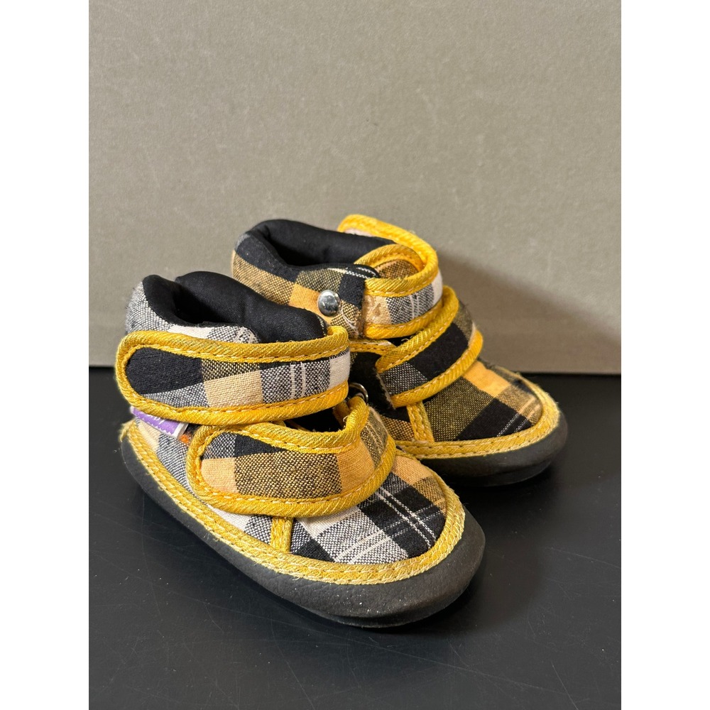 Hello Baby Infant Plaid Booties Yellow Black White Soft Sole Hook Loop‎ Shoes